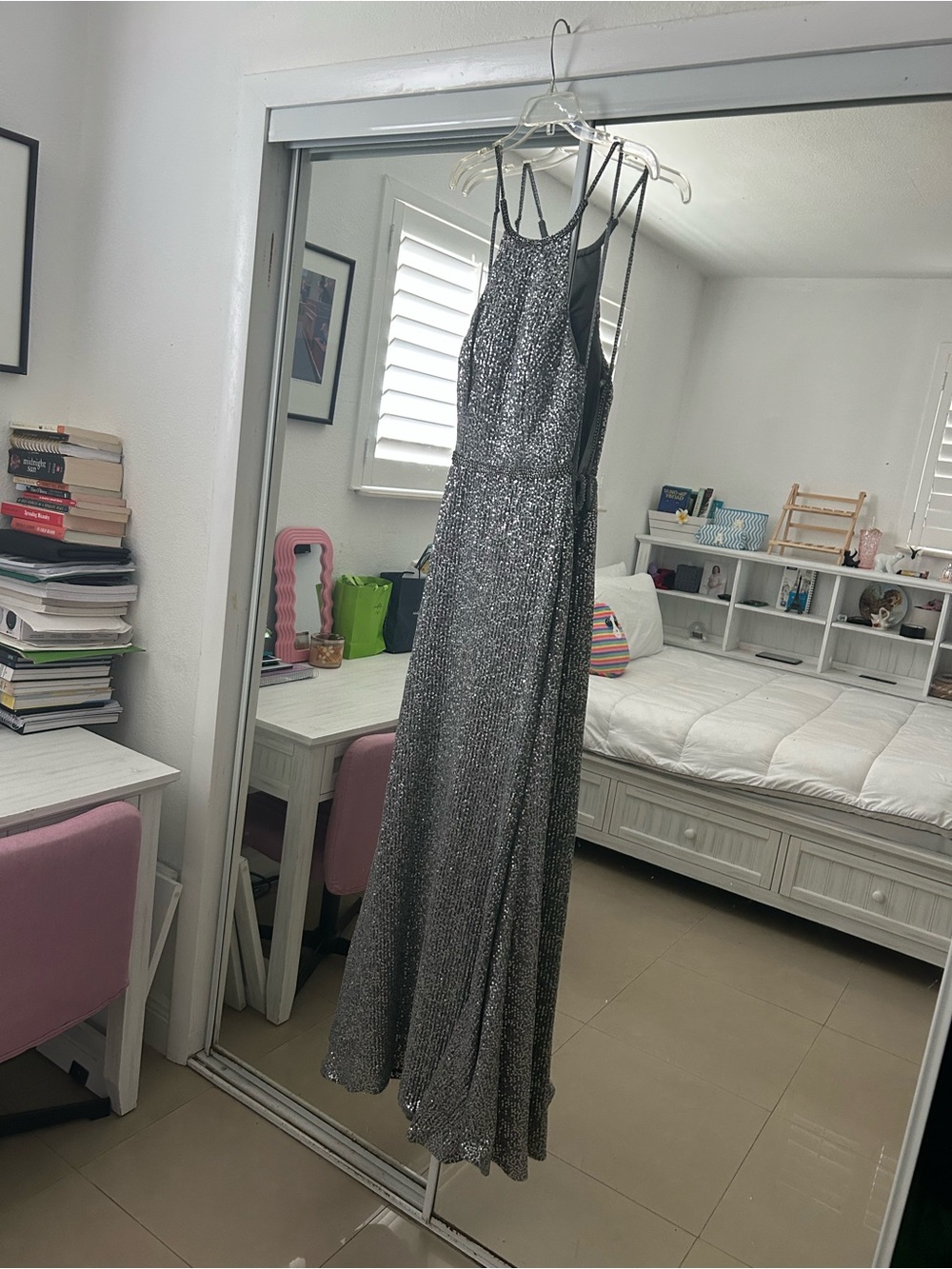 Silver Sequin Maxi Dress with Halter Neck